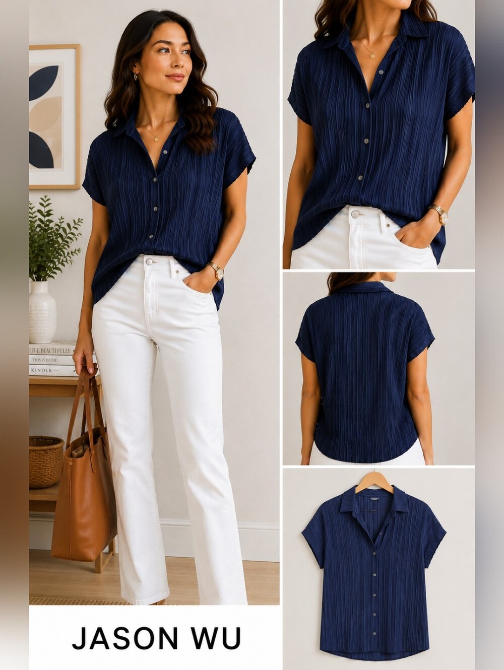 Jason Wu Navy Pleated Button Front Blouse Short Sleeve Collared Top Size Small